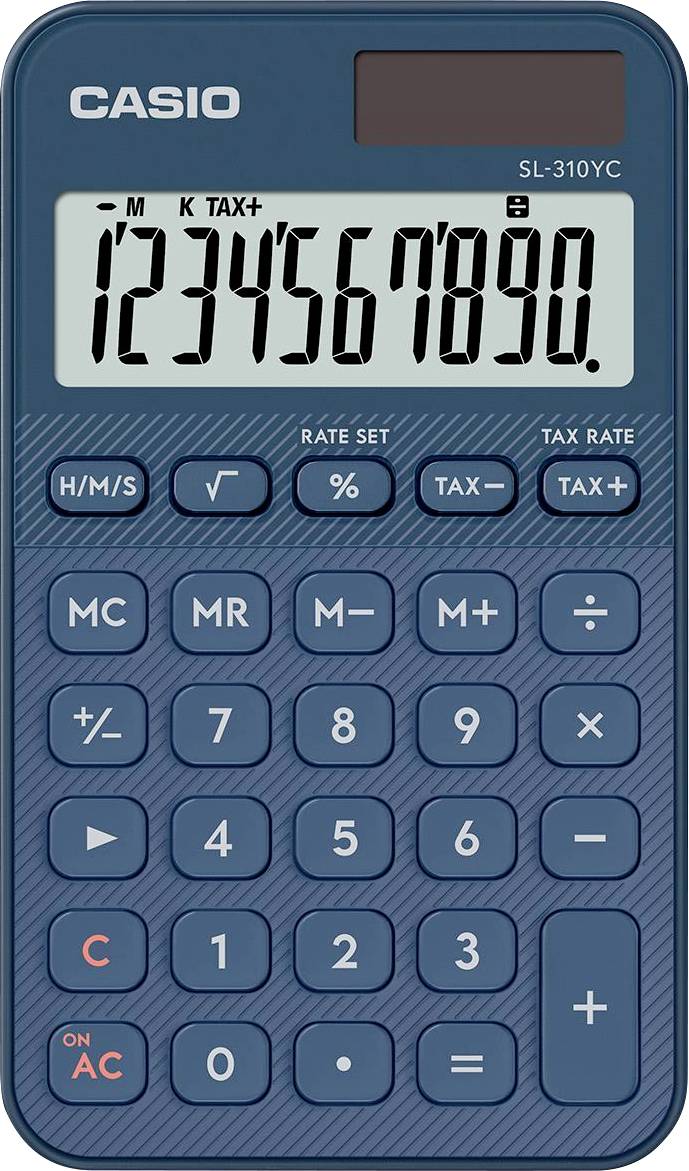 Un calculateur Casio bleu modèle 'SL-310YC' affichant les chiffres '1234567890' sur son écran, avec des boutons de fonction standard en dessous.