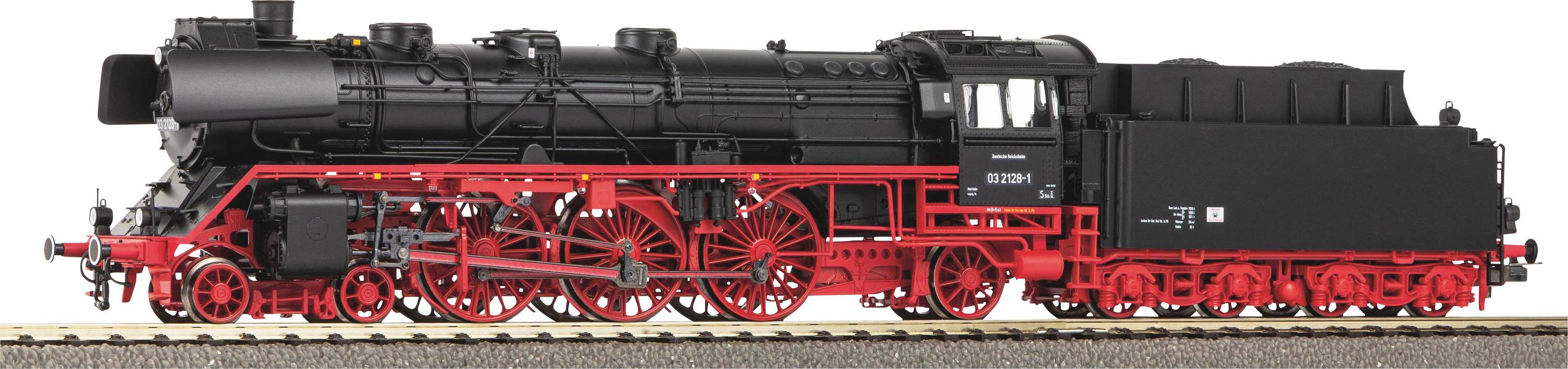 Un modèle de locomotive à vapeur vintage avec un corps noir et des roues rouges, exposé sur une voie.