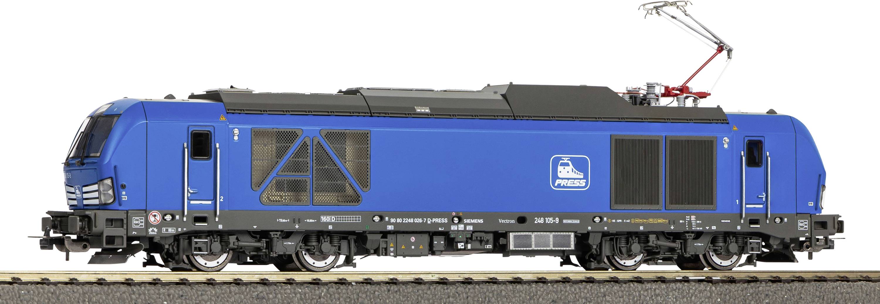 Une locomotive de train électrique bleue sur des rails de chemin de fer, affichant le logo de l'entreprise et des composants détaillés visibles sur son côté.