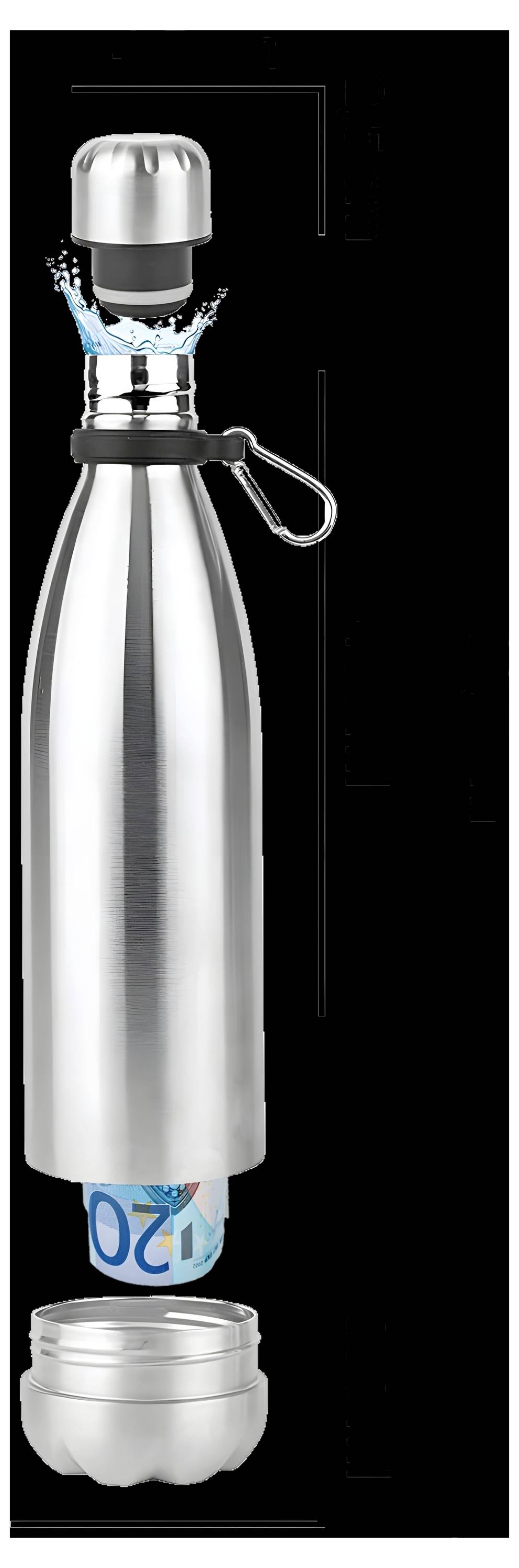 Une image à double vue d'une bouteille d'eau en acier inoxydable : la section supérieure montre le bouchon avec une éclaboussure d'eau ; la section inférieure révèle un billet de banque roulé à l'intérieur.