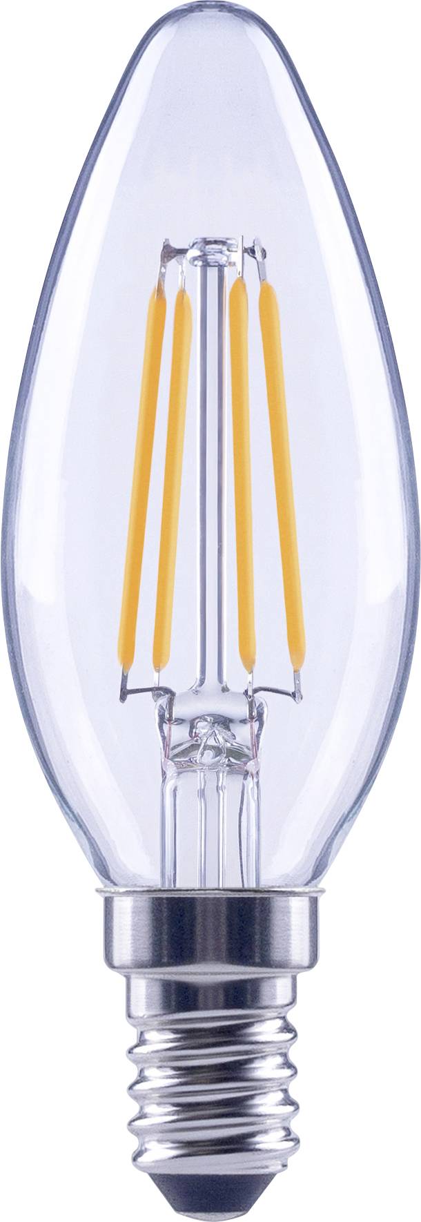 Une ampoule LED en verre transparent avec des filaments orange exposés, ressemblant à un style de filament classique, sur un fond blanc.