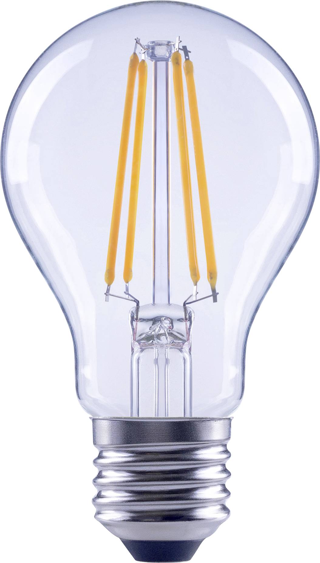 Une ampoule LED transparente avec un motif de filament visible, mettant en avant la technologie économe en énergie.