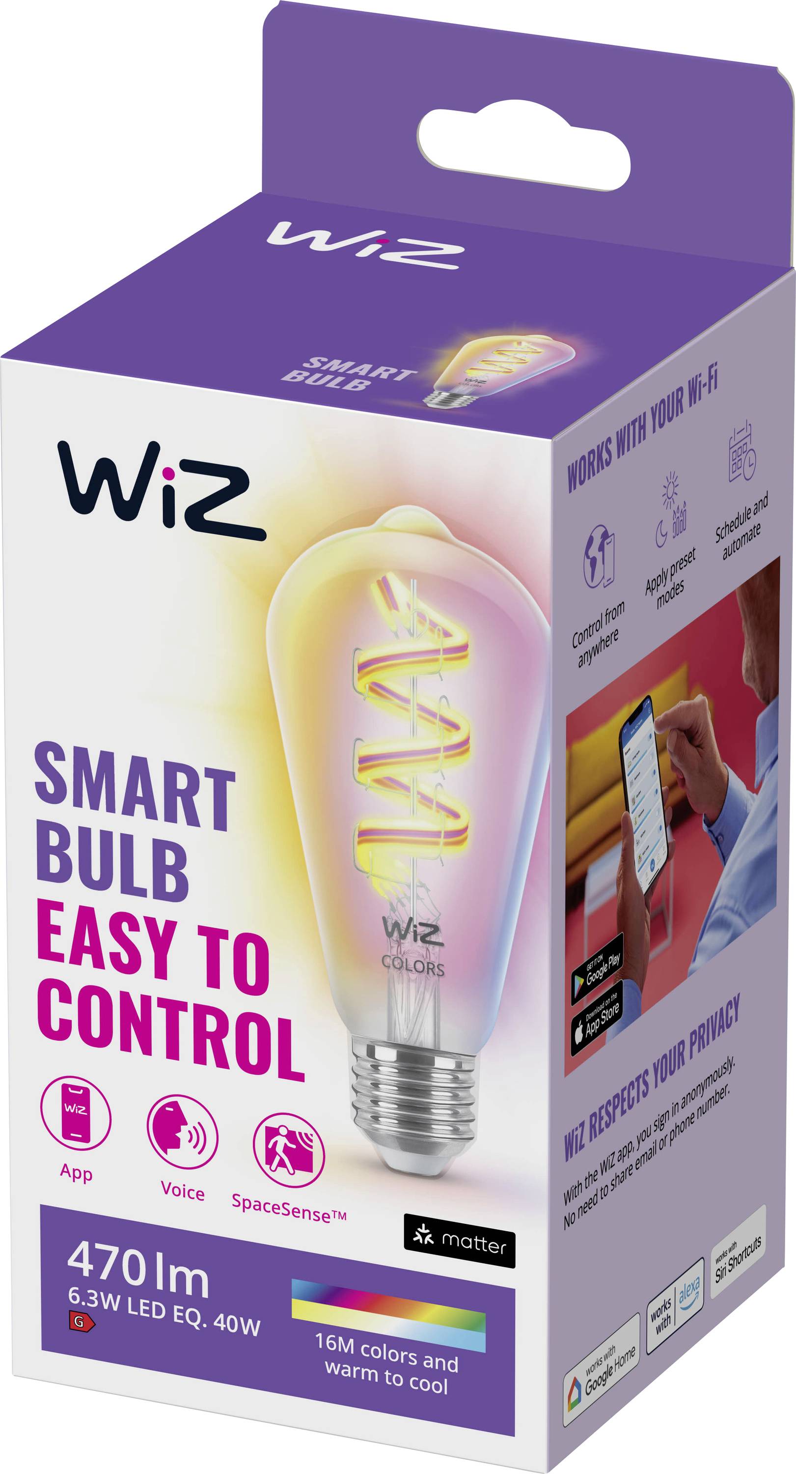 Ampoule connectée Wiz<br>Facile à contrôler<br><br>Contrôlez avec :<br>- Application mobile<br>- Commande vocale<br>- SpaceSense<br><br>470 lumens<br>16 millions de couleurs