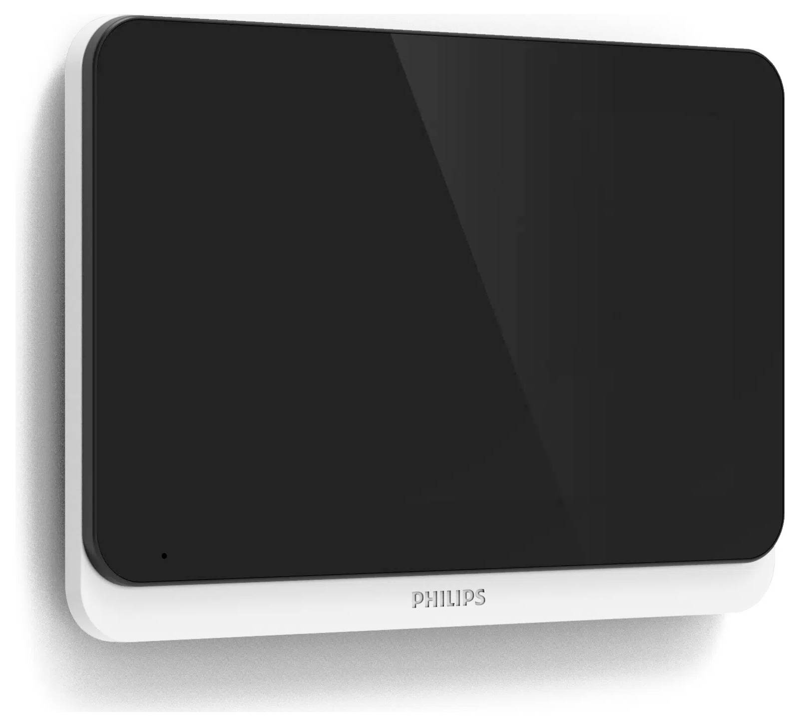 Une antenne numérique de télévision plate noir et blanc de Philips, conçue pour un montage mural, vue sous un angle.