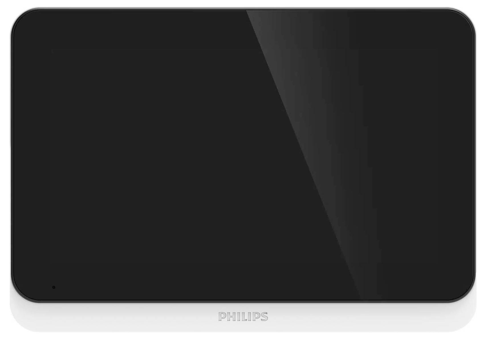 Un appareil électronique Philips noir, probablement un écran ou un moniteur, avec une surface réfléchissante minimaliste, vu de face.