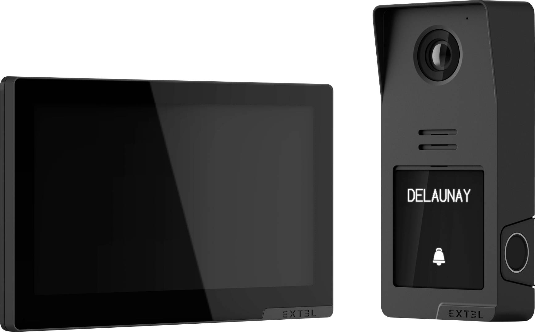 Système de sonnette vidéo avec un écran rectangulaire à gauche et une unité caméra étiquetée « DELAUNAY » avec une icône de sonnette à droite.