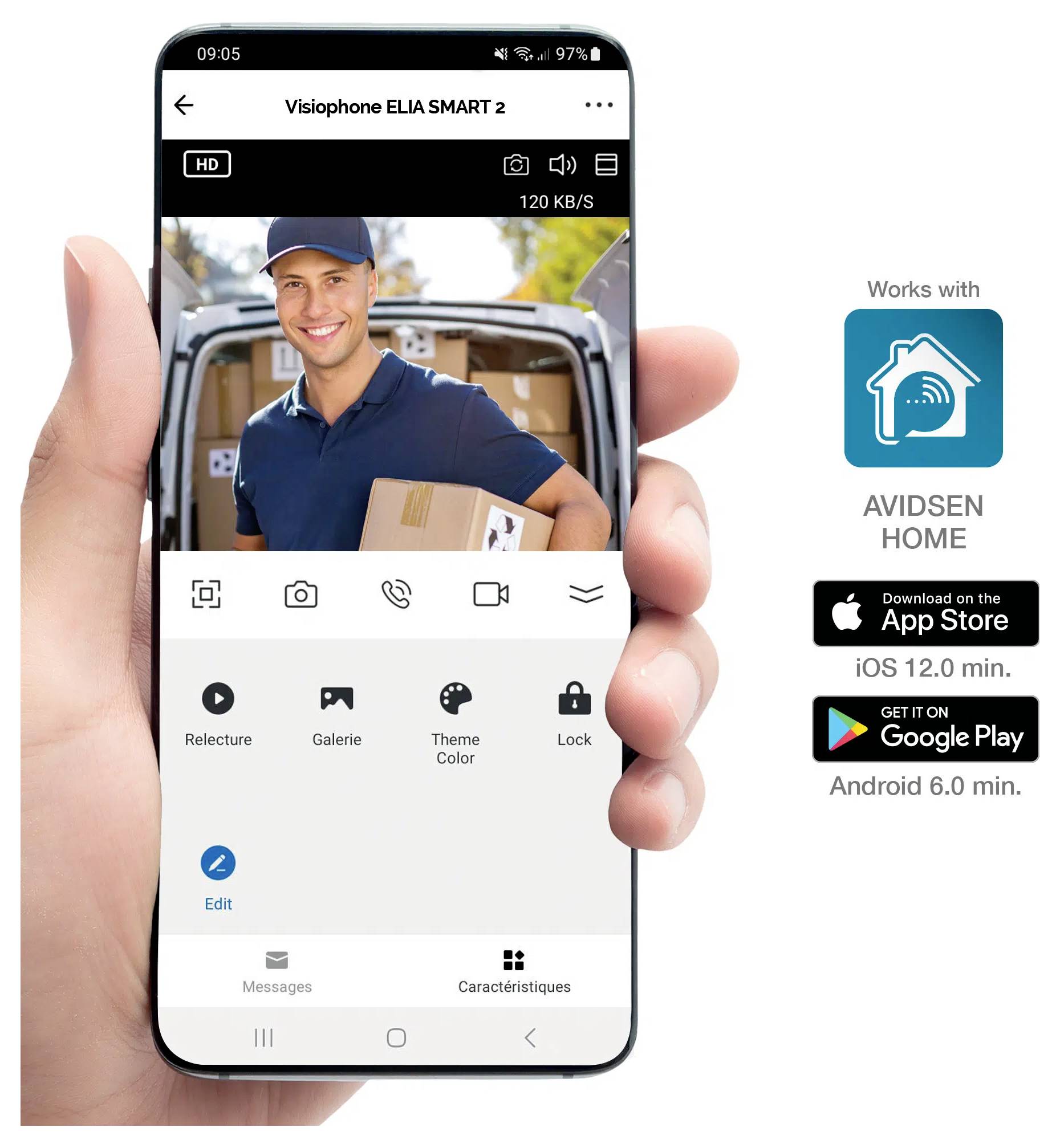 Un smartphone affichant une vidéo d'un livreur avec des colis. Le texte indique la compatibilité avec Avidsen Home et la disponibilité dans l'App Store.