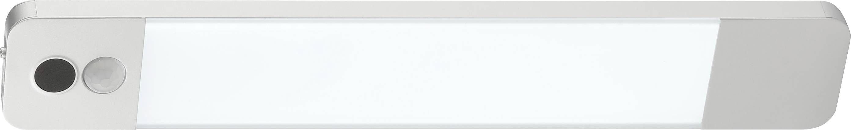 Un éclairage LED rectangulaire doté d'un capteur de mouvement sur le côté gauche, encapsulé dans un cadre blanc élégant.