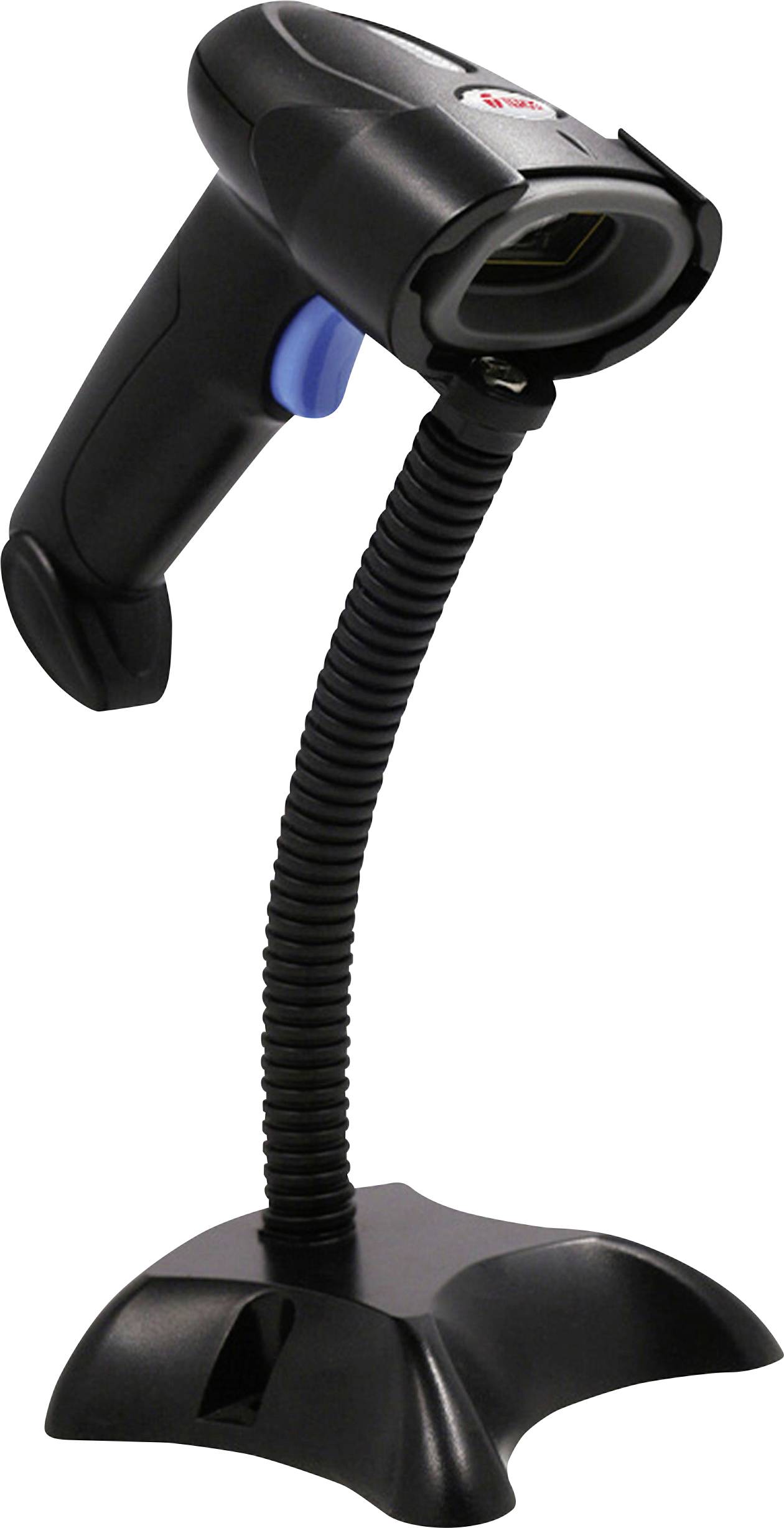 Scanner de codes-barres portatif dans un support noir avec un câble enroulé, présenté sur un fond blanc.