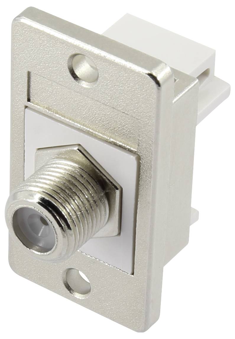 Square metal coaxial wall jack with threaded cable connector and mounting holes on a white background