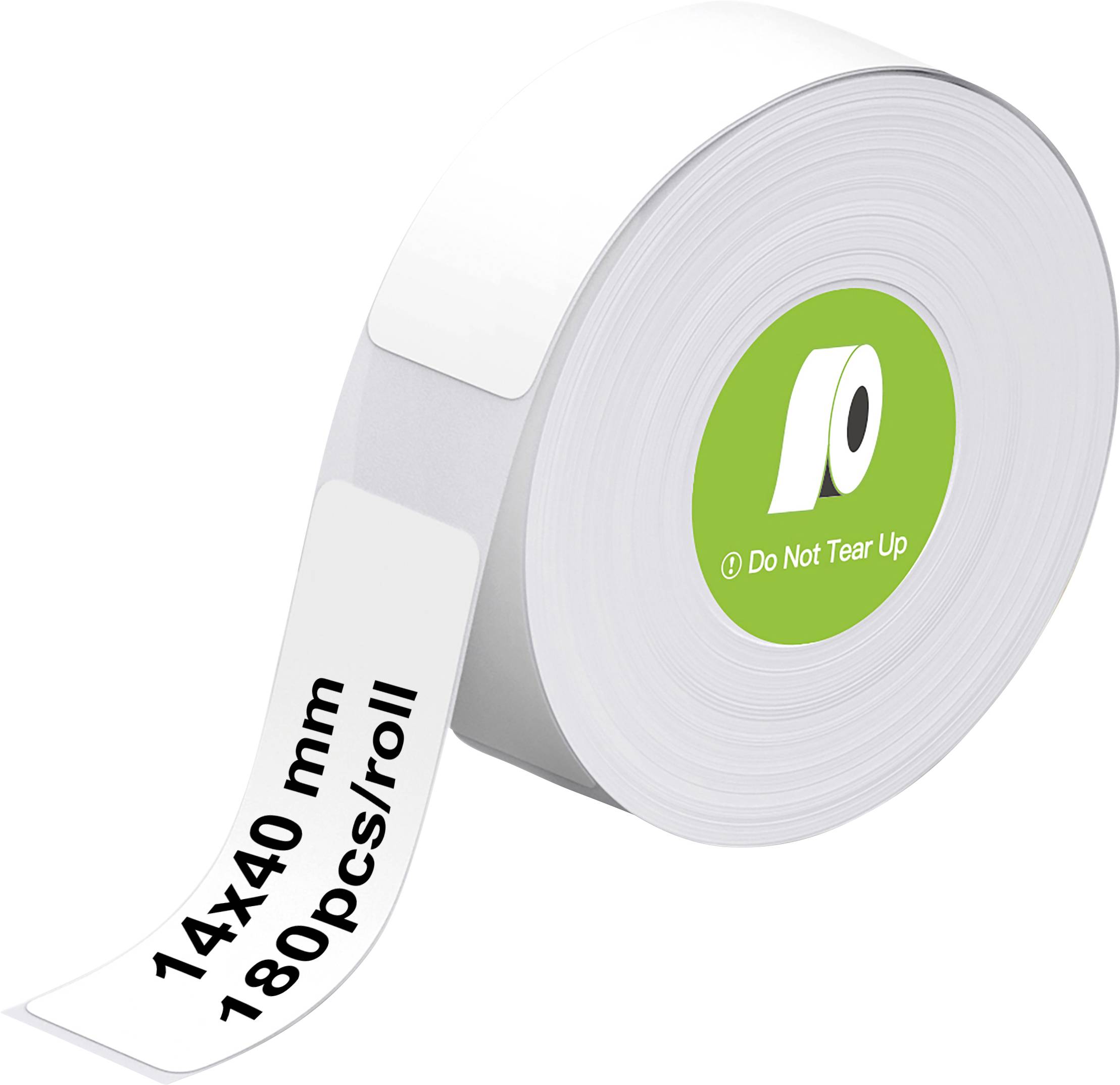 Rouleau d'étiquettes marqué '14x40 mm 180 pcs/rouleau' avec une icône verte indiquant 'Ne pas déchirer'.
