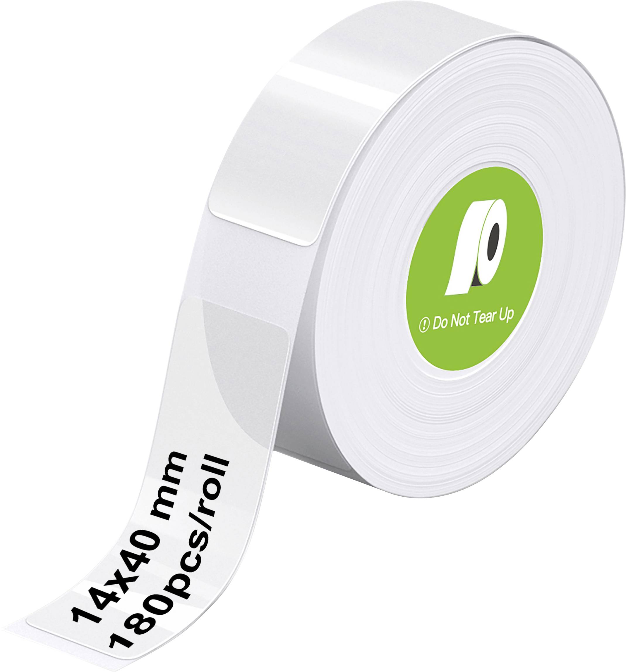 Rouleau d'étiquettes autocollantes blanches avec texte '14x40 mm 180 pièces/rouleau'. Zone centrale verte avec symbole « Ne pas déchirer ».