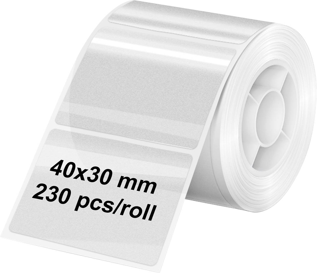 Rouleau d'étiquettes de 40x30 mm, 230 pièces par rouleau, présenté sur un fond blanc.