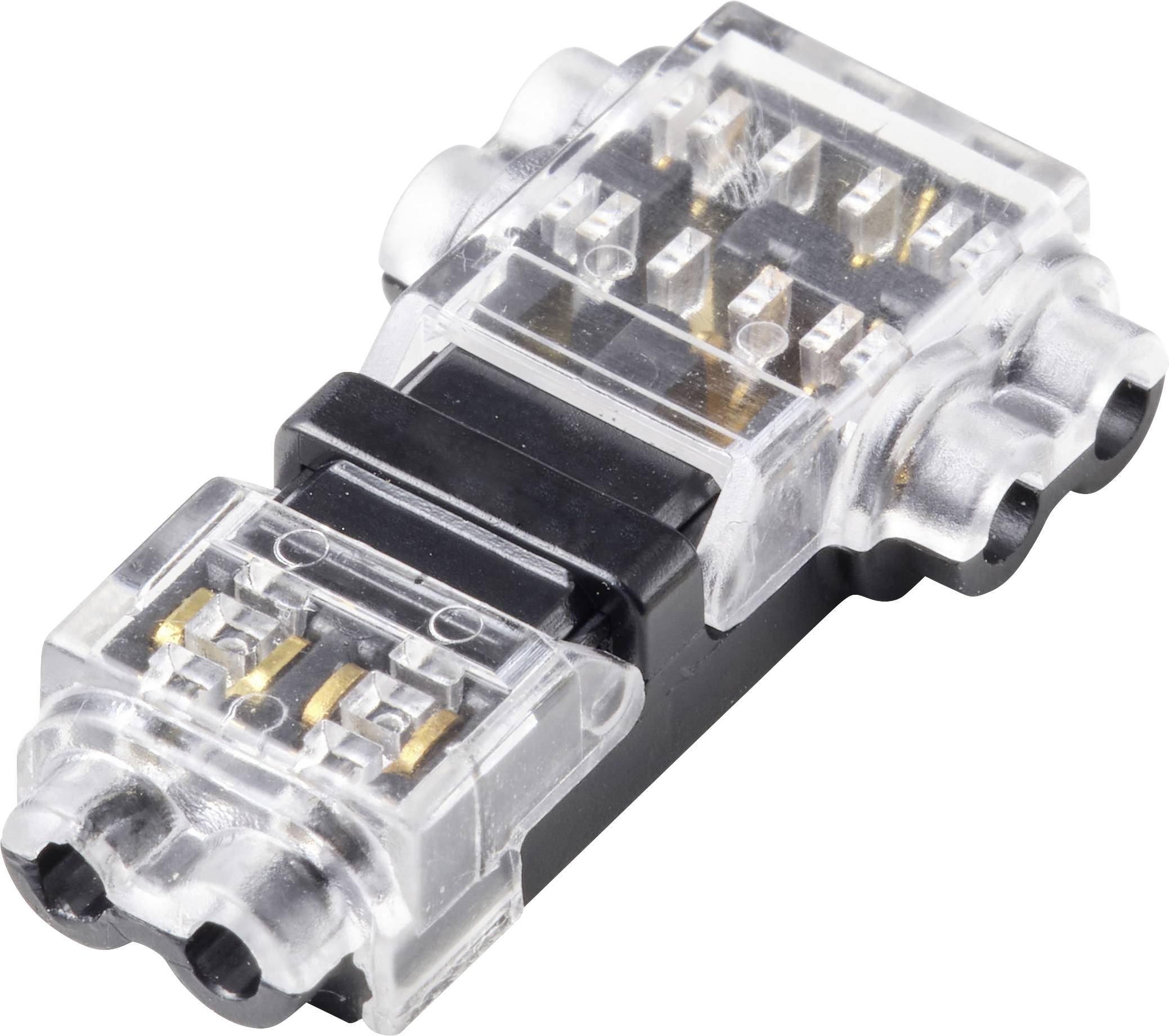 Un connecteur en plastique transparent avec plusieurs contacts métalliques, utilisé pour joindre les fils électriques de manière sécurisée.