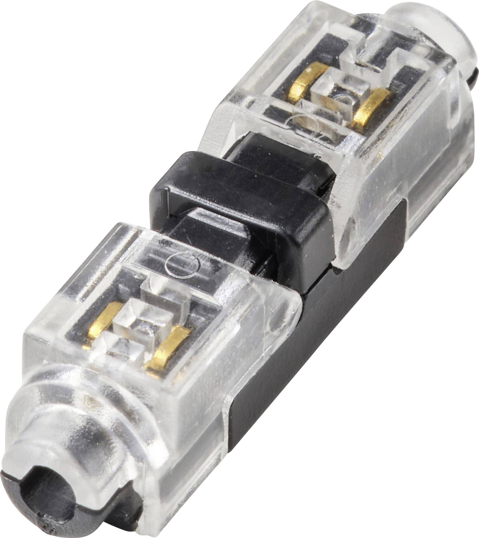 Un connecteur électrique inline transparent avec des bornes en cuivre et un matériau isolant noir au centre. Utilisé pour l'assemblage de fils.