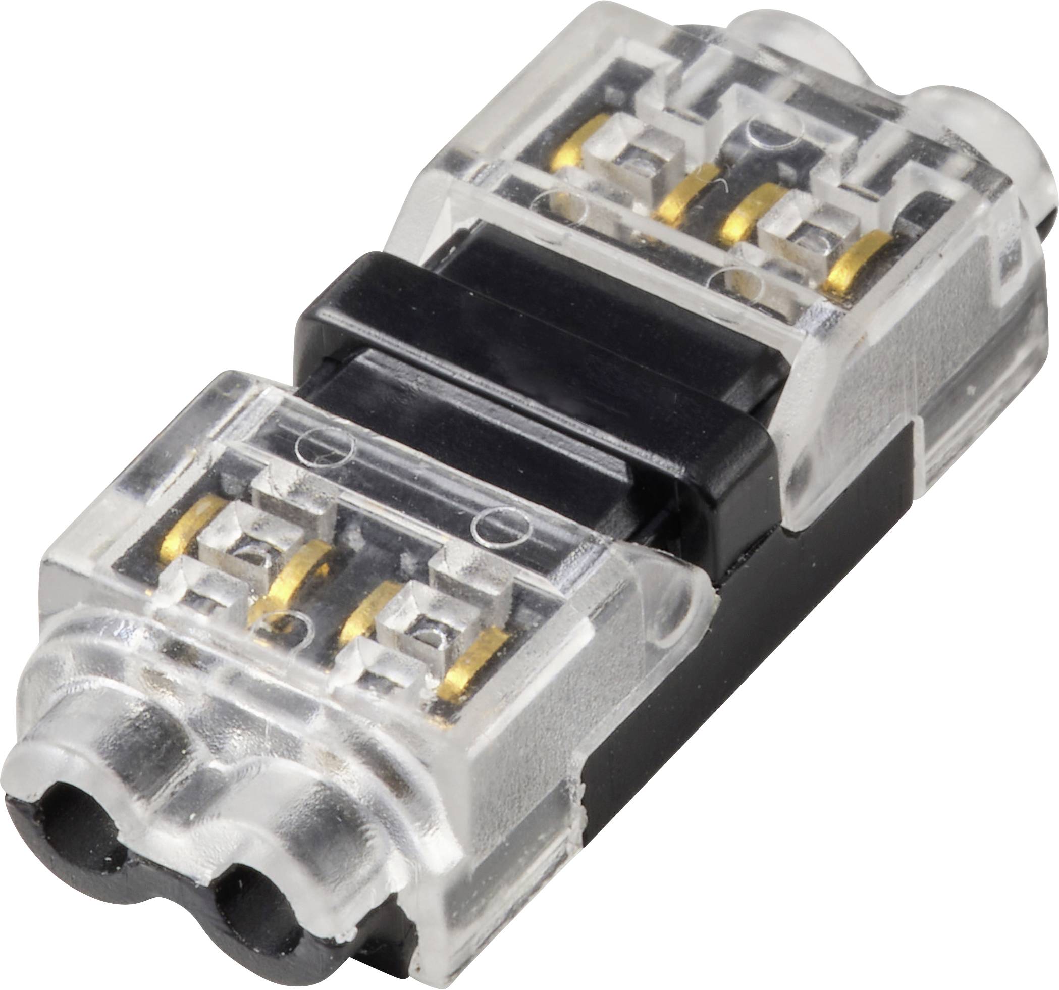 Connecteur électrique transparent avec deux ports et connexions internes en cuivre visibles utilisé pour joindre les fils de manière sécurisée.