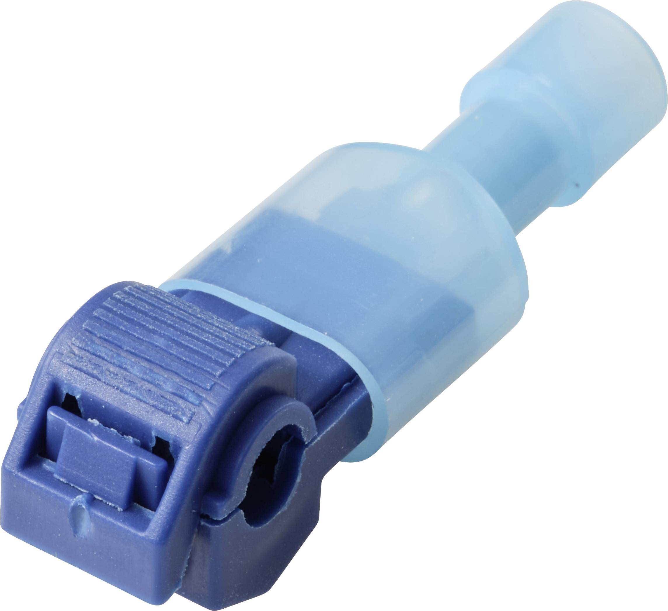 Un connecteur de crimp électrique isolé bleu et sarcelle, utilisé pour joindre ou terminer les fils électriques de manière sécurisée.
