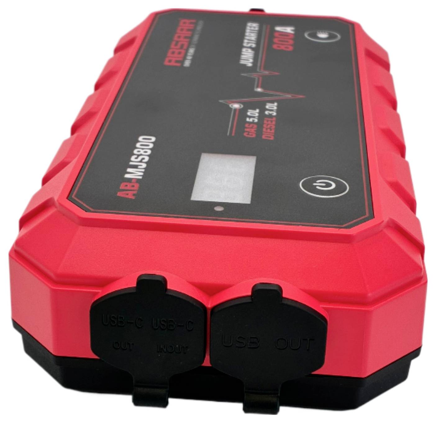 Démarreur de voiture portable rouge, étiqueté « AB-MJS800 », avec ports d'entrée/sortie USB-C et un affichage numérique.