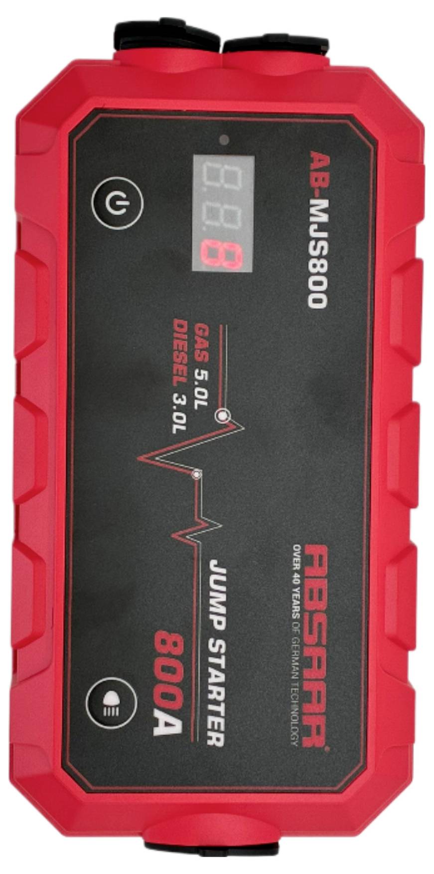 'Un démarreur de batterie portable rouge et noir, modèle AB-MJS800, d'une capacité de 800A, convenant aux moteurs à essence et diesel, doté d'un affichage numérique.'