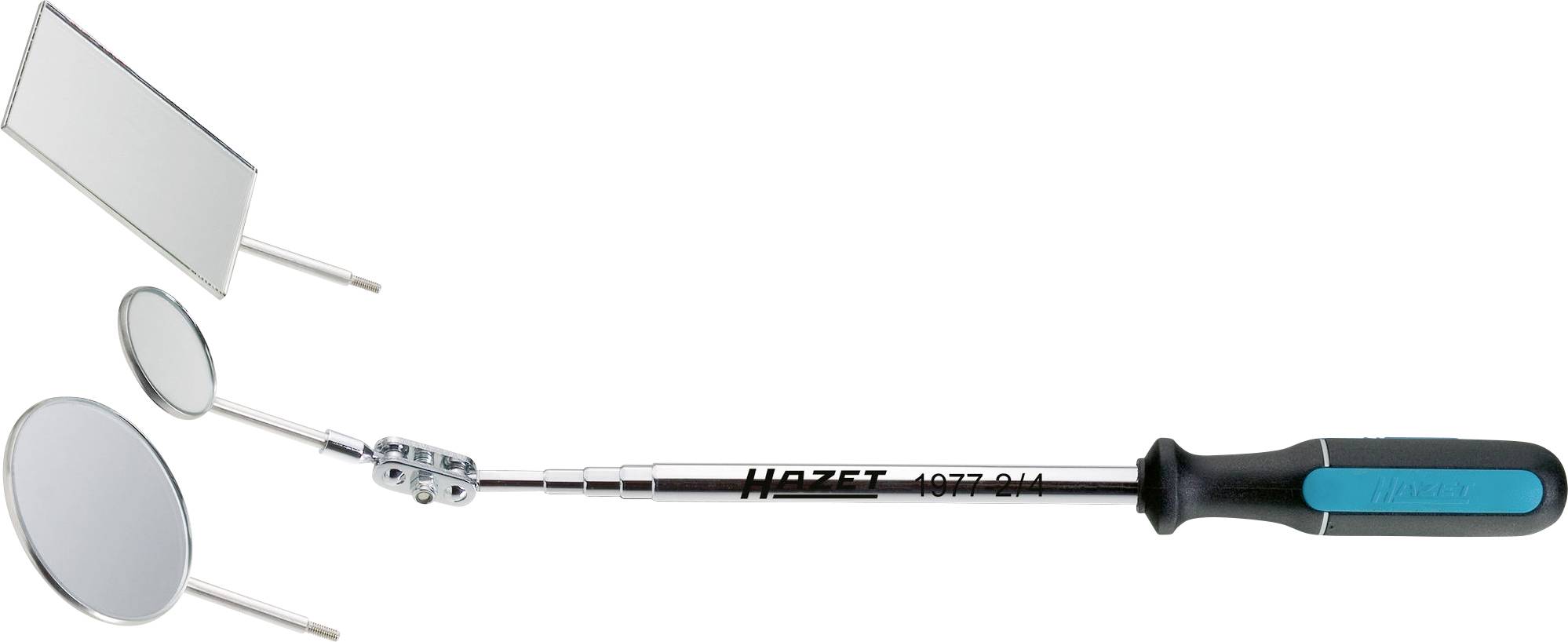 Miroir d'inspection télescopique avec plusieurs miroirs ajustables sur une poignée noire, utilisé pour examiner des zones difficiles d'accès.