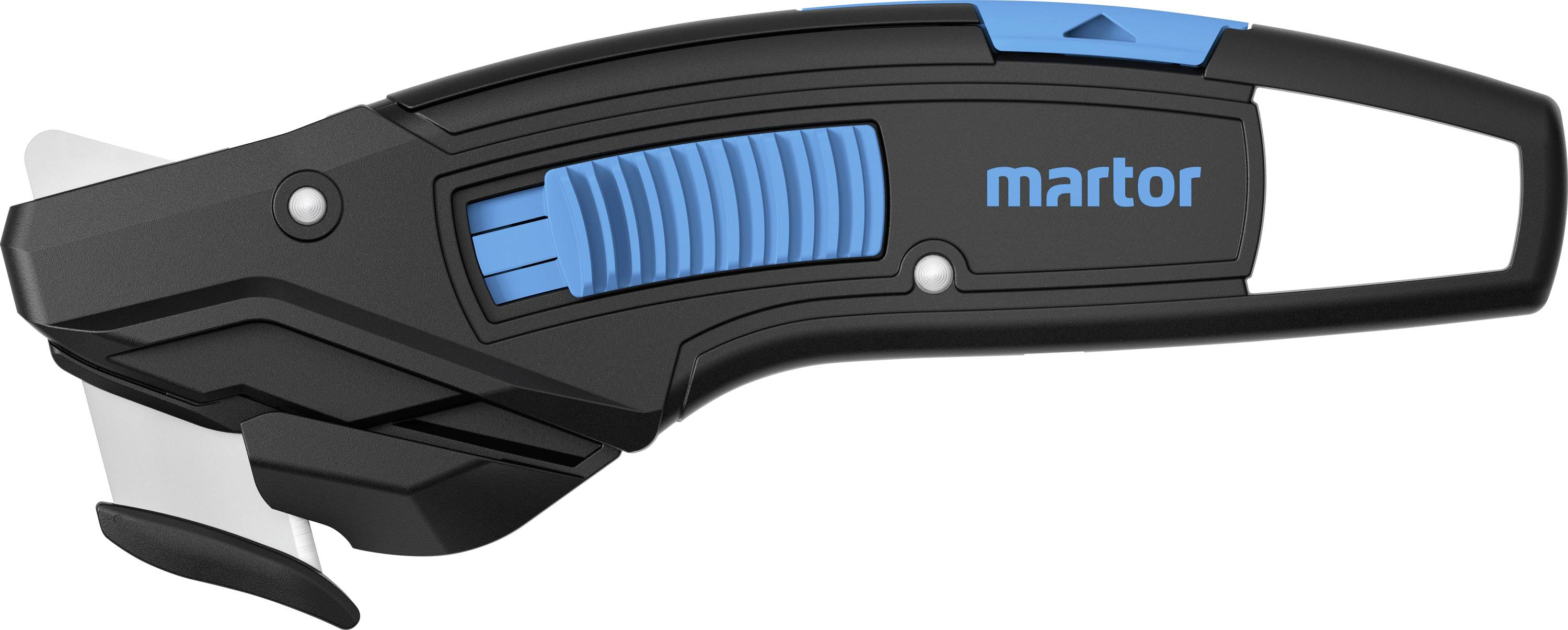 Un coupe-tout noir et bleu avec une lame rétractable, une poignée ergonomique et un design élégant et pointu portant l'étiquette de la marque « martor ».