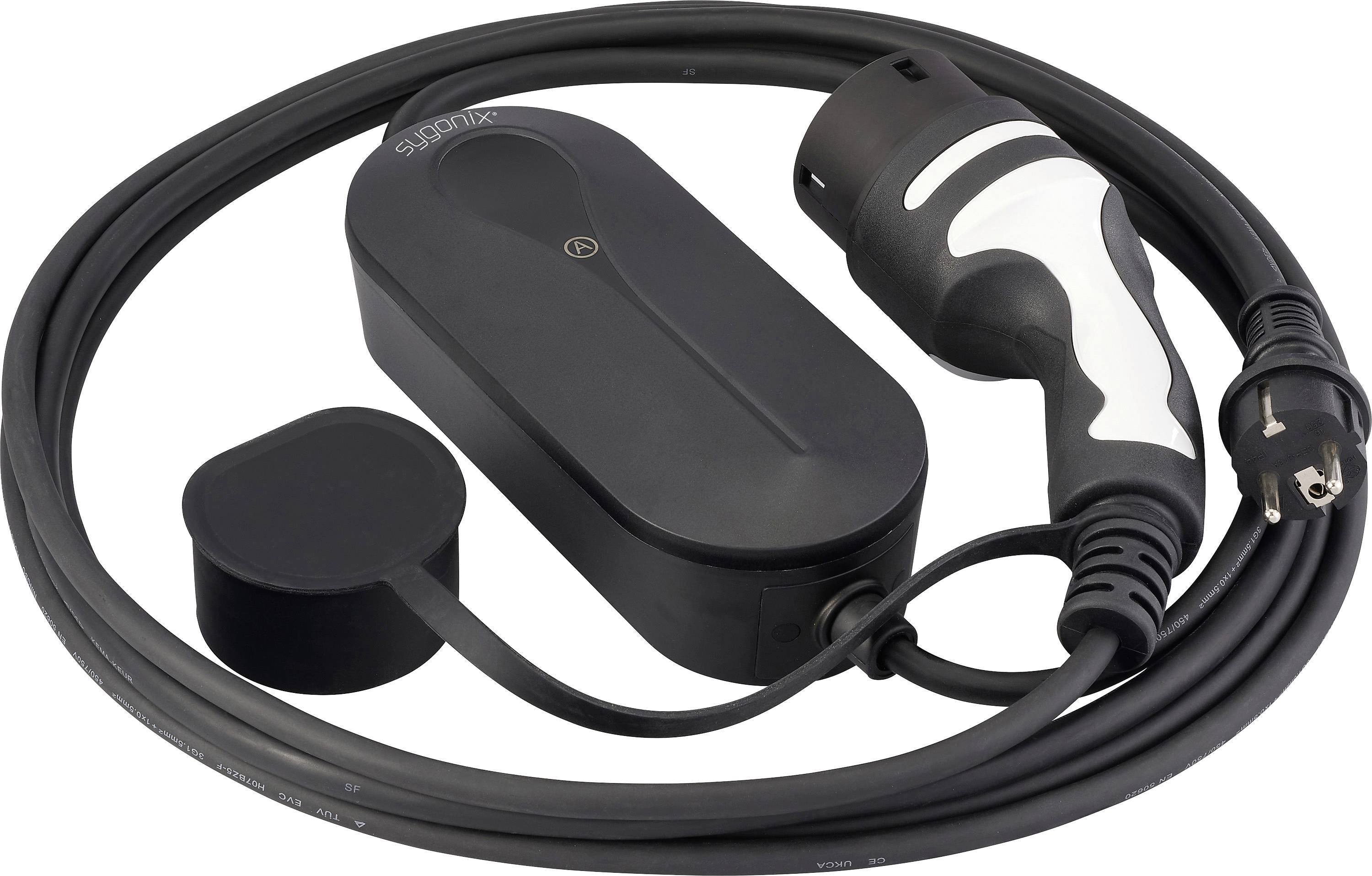 Câble de recharge pour véhicule électrique portable avec boîtier de commande, prise et capuchon de protection enroulés ensemble sur un fond blanc.