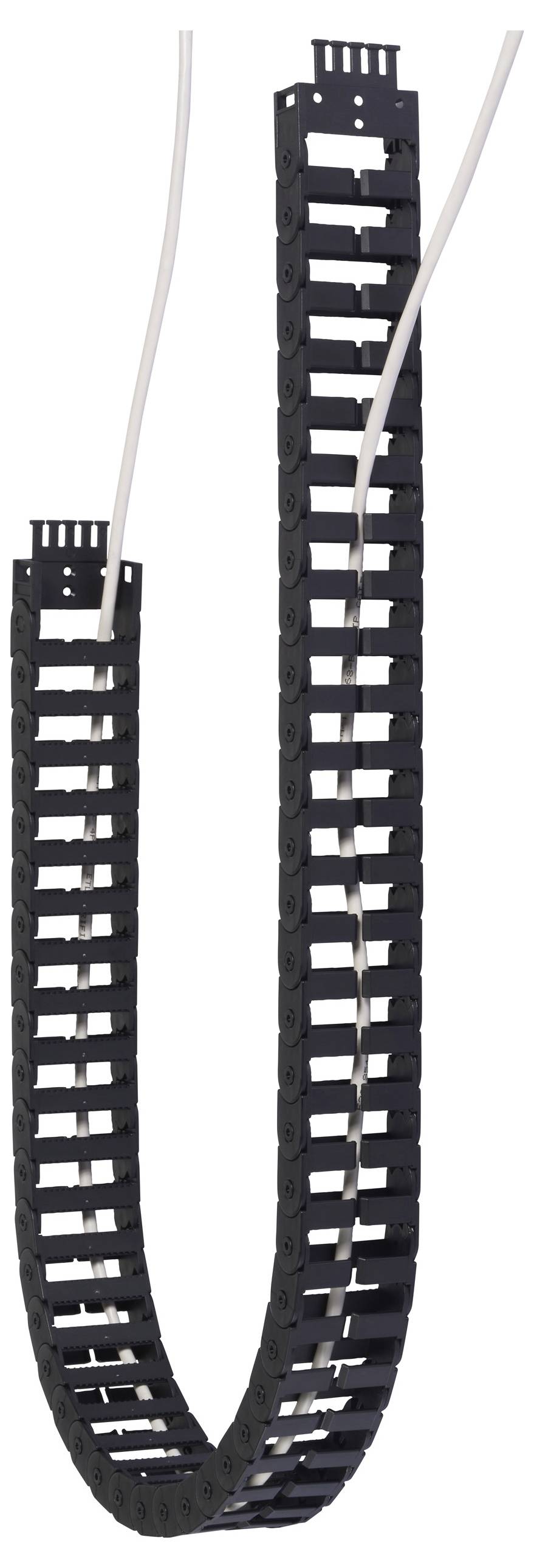 Un porte-câbles noir avec des câbles blancs à l'intérieur, conçu pour supporter les câbles et tuyaux flexibles, permet le mouvement dans les systèmes mécaniques.
