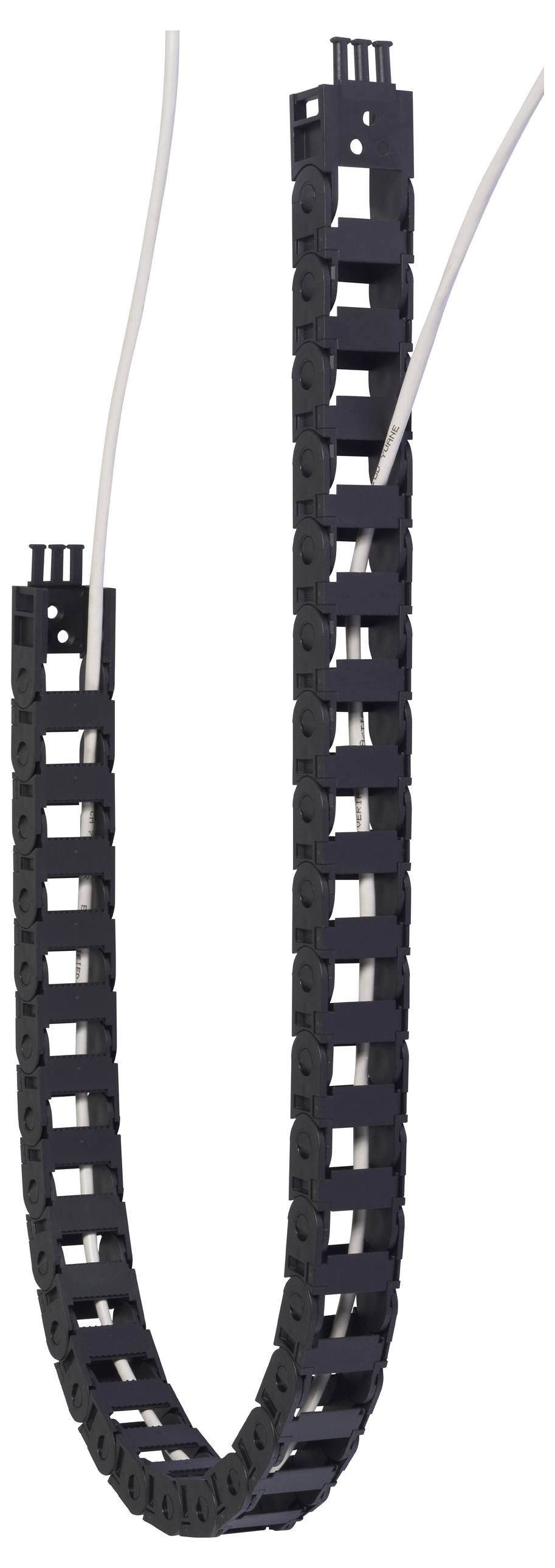 Chaîne porte-câbles en plastique noir tenant deux câbles blancs, se pliant en forme de U. Adaptée pour guider et protéger les câbles dans les machines.