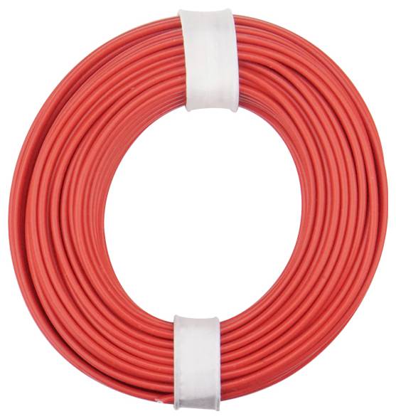 Un câble électrique rouge enroulé, maintenu par deux bandes blanches pour l'organisation des câbles.
