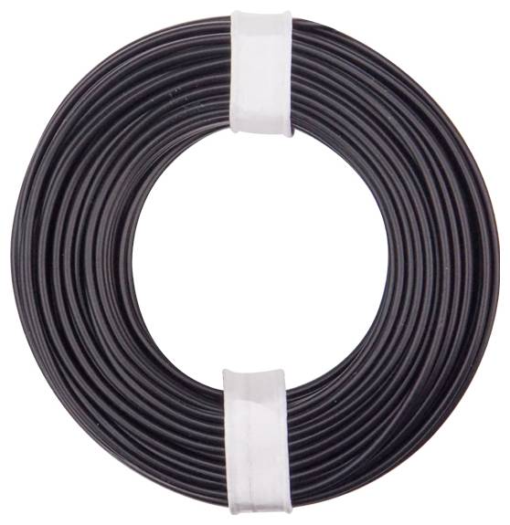 Un câble ou fil noir enroulé, maintenu par deux sangles blanches.