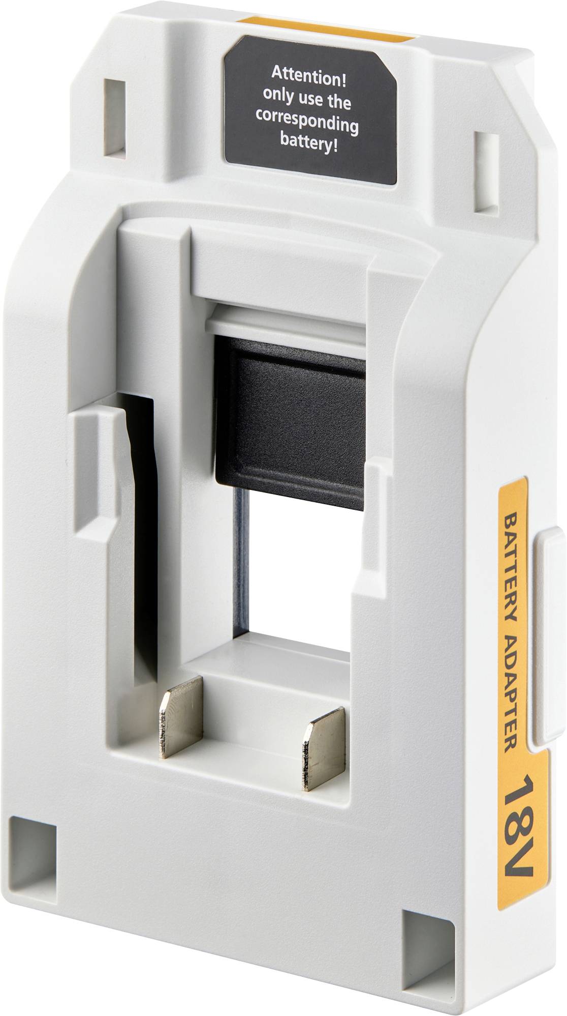 Adaptateur de batterie avec une étiquette de mise en garde indiquant « Attention ! Utilisez uniquement la batterie correspondante ! » et portant la mention « Adaptateur de batterie 18V ».
