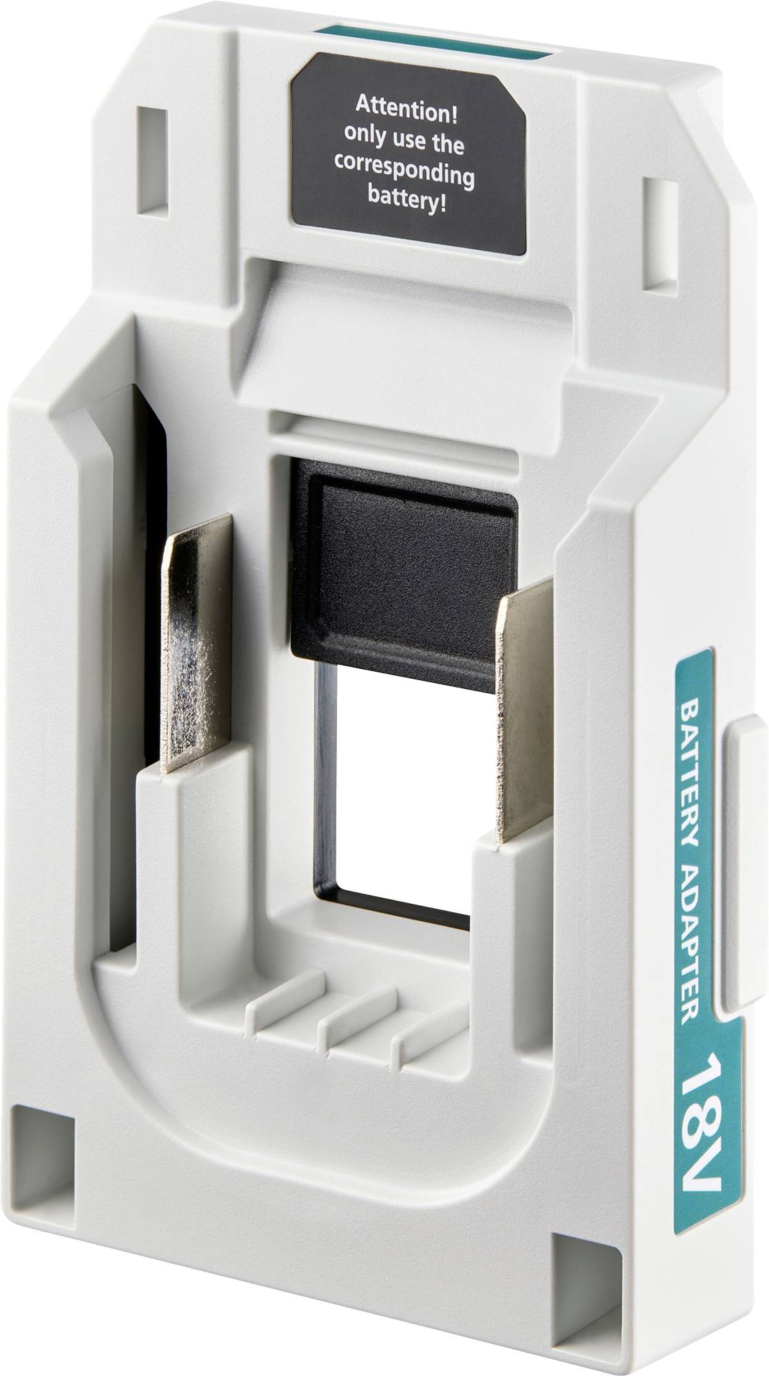 Un adaptateur de batterie 18V avec des emplacements pour l'insertion de la batterie. Une étiquette indique « Attention ! Utilisez uniquement la batterie correspondante. »
