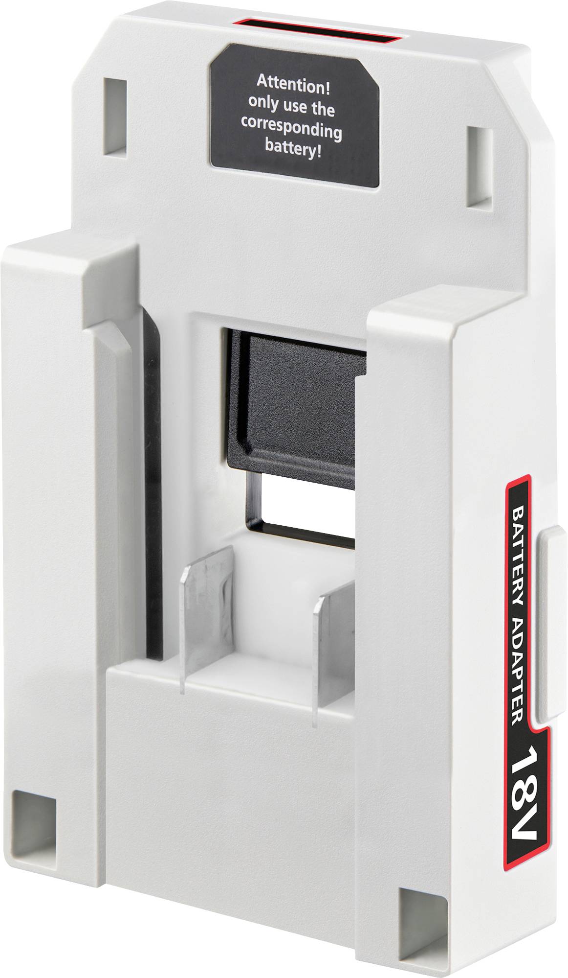 Adaptateur de batterie 18V avec une étiquette d'avertissement indiquant « Attention ! Utiliser uniquement la batterie correspondante. » Conçu pour une compatibilité spécifique des batteries.