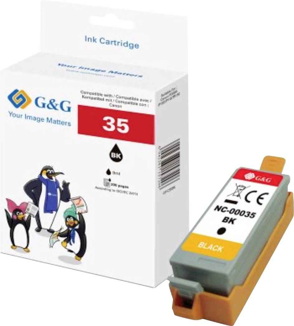 Cartouche d'encre G&G avec image de pingouins sur la glace. Modèle 'NC-00035 BK' pour imprimantes. Contient 9 ml d'encre noire.