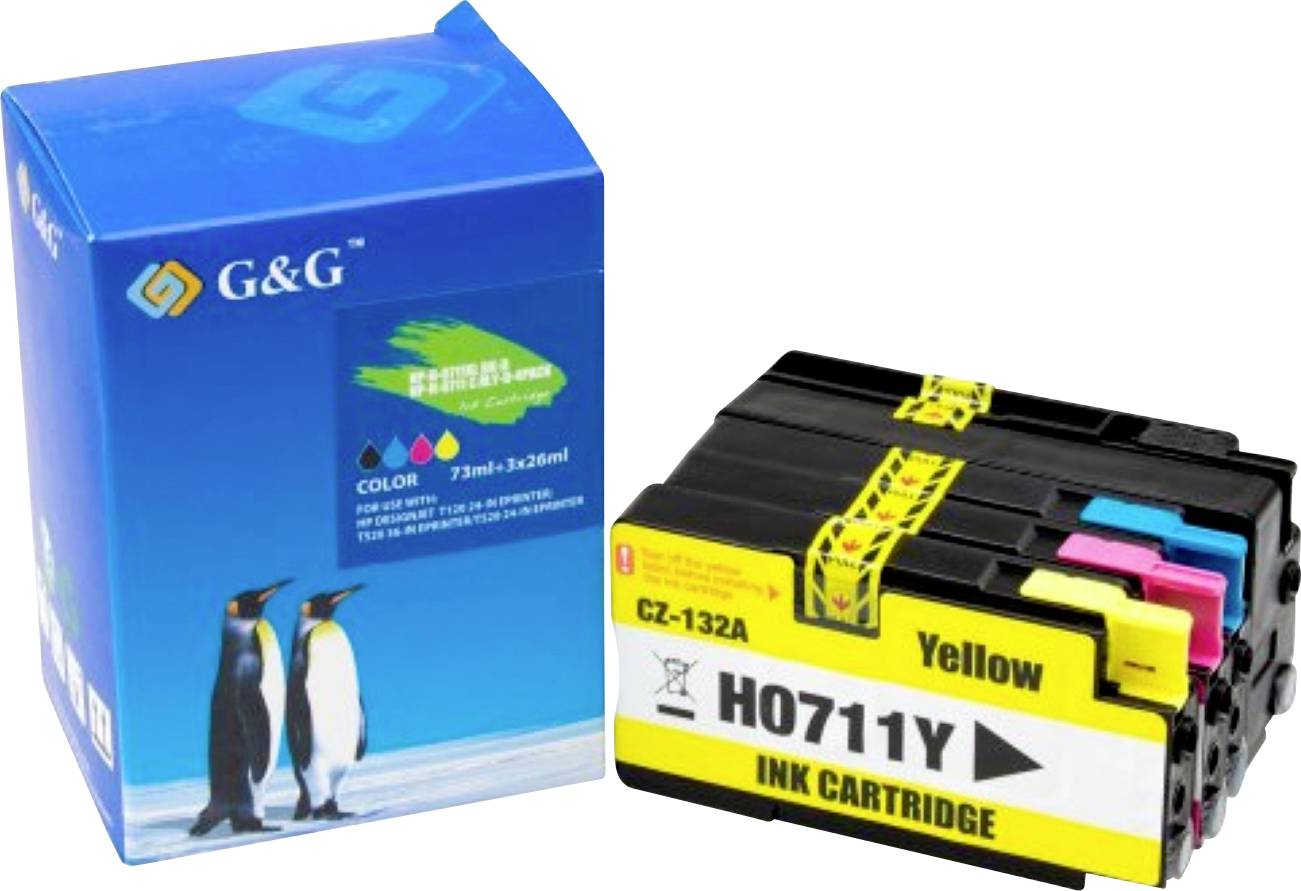 Boîte de cartouches d'encre 'G&G' avec des graphiques de pingouin à côté d'un ensemble de cartouches jaunes, cyan, magenta et noires portant la marque 'HO711Y'.