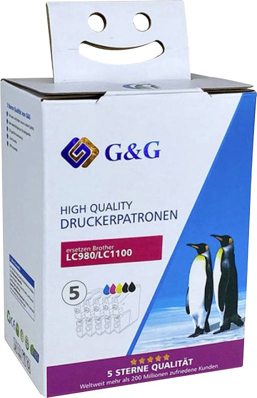 Boîte de cartouches d'imprimante G&G montrant des pingouins, des logos et le texte « HIGH QUALITY DRUCKERPATRONEN », compatibles avec les modèles Brother.