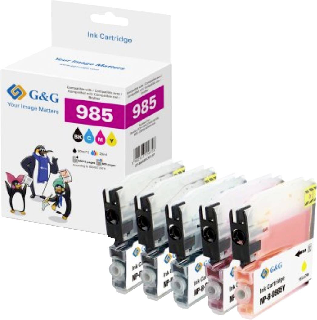 Quatre cartouches d'encre colorées et leur boîte avec logo de marque et pingouins de dessin animé, étiquetées comme compatibles avec la série d'imprimantes '985'.