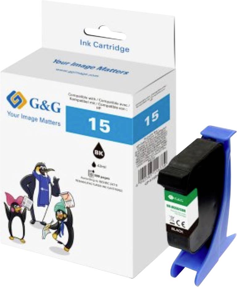 Boîte de cartouche d'encre avec logo 'G&G', illustration de pingouins sur la boîte. Cartouche étiquetée 'BK 15 noir'. Texte : 'Votre Image Compte.'