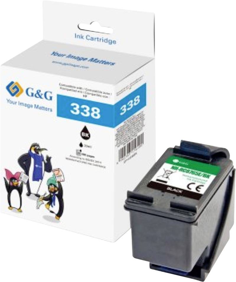 Un boîtier de cartouche d'encre étiqueté « G&G 338 » à côté de la cartouche. Le boîtier présente des illustrations de pingouins et le texte « Votre Image Compte ».