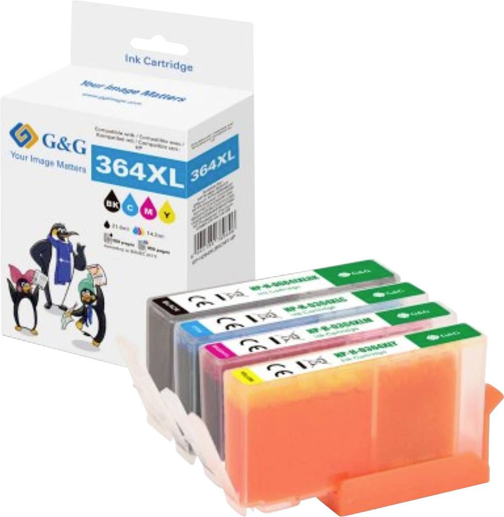 Pack de cartouches d'encre « G&G 364XL » comprenant quatre cartouches de couleur : noir, cyan, magenta, jaune, avec un packaging présentant un design de pingouin.