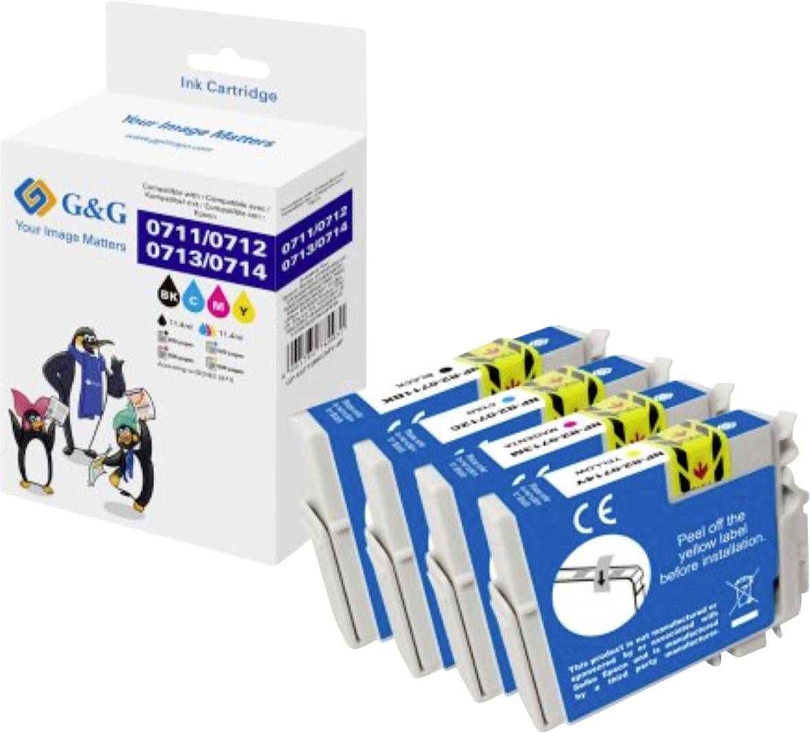 Boîte de cartouches d'encre avec des mascottes de manchots, étiquetée « G&G Votre Image Compte ». Comprend quatre cartouches : cyan, magenta, jaune, noir.