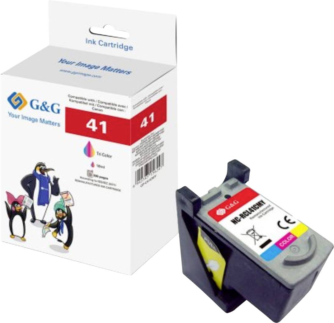 Cartouche d'encre tricolore étiquetée « 41 » avec les marques d'imprimantes compatibles sur la boîte.