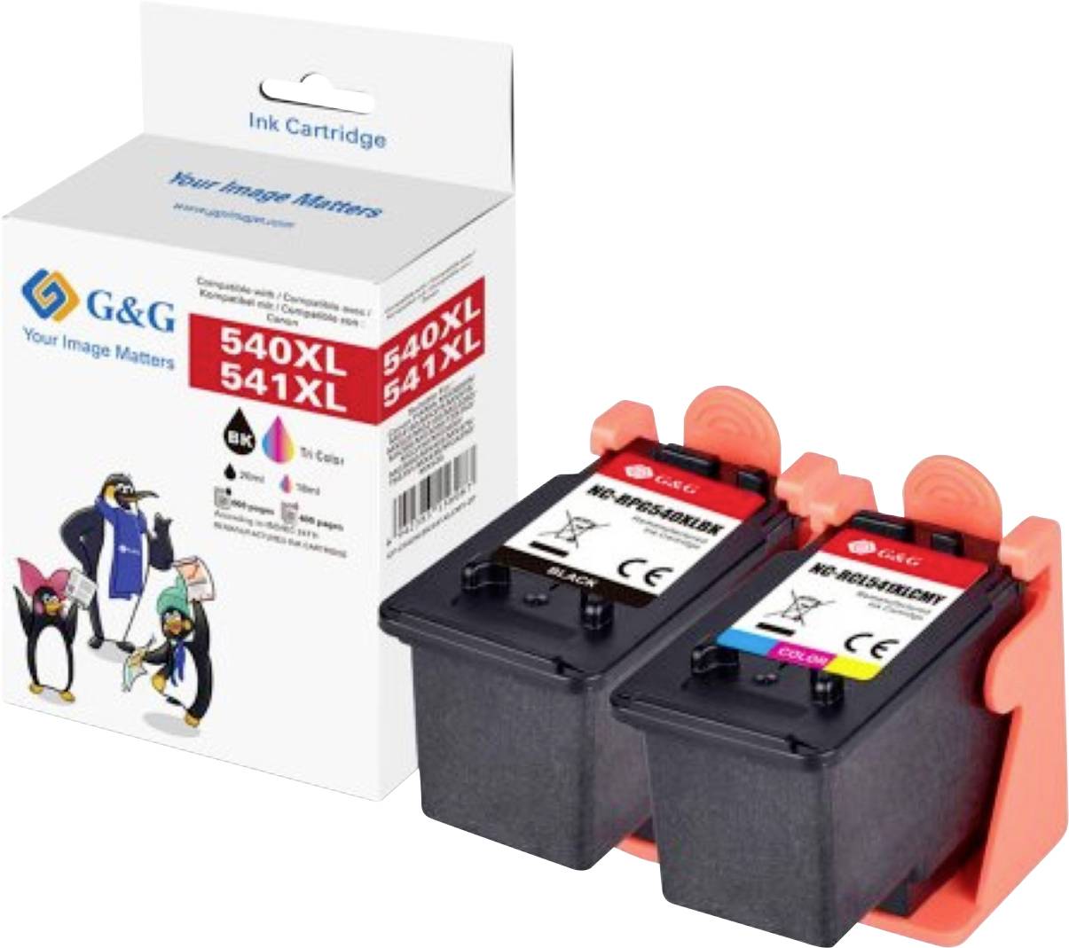 Cartouches d'encre pour imprimante, modèles 540XL et 541XL, dans leur boîtier de protection. L'emballage présente la marque G&G avec des illustrations de pingouins.