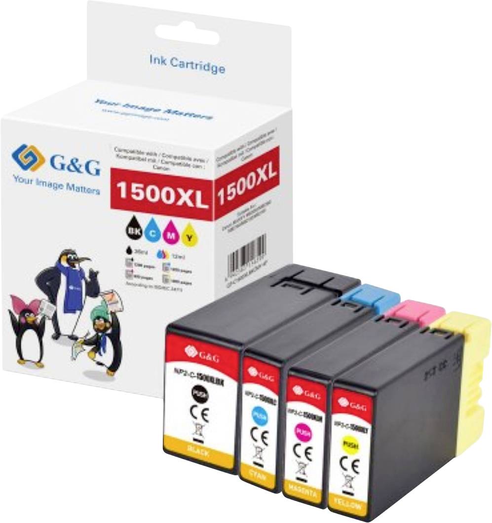 Cartouches d'encre G&G 1500XL avec quatre cartouches de couleurs : noir, cyan, magenta, jaune. Le texte indique la compatibilité avec certaines imprimantes.