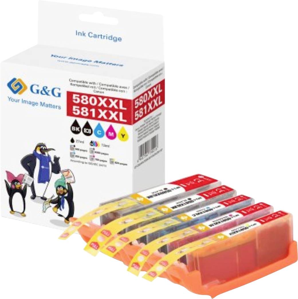 Emballage d'Encre G&G Cartouche 580XXL 581XXL avec des mascottes illustrées et quatre cartouches d'encre (Noir, Cyan, Magenta, Jaune) présentées à l'avant.