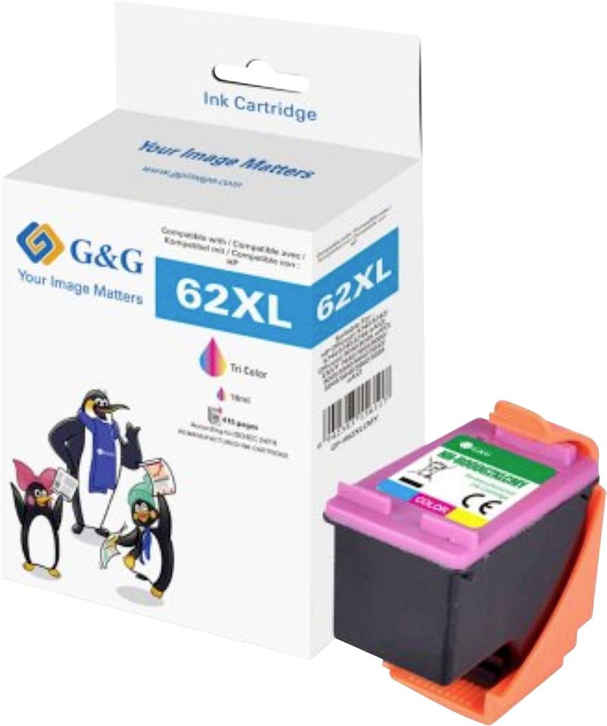 Cartouche d'encre tri-couleur G&G 62XL, compatible avec les imprimantes HP. La boîte présente des pingouins de dessin animé et l'étiquette « Votre Image Compte ».