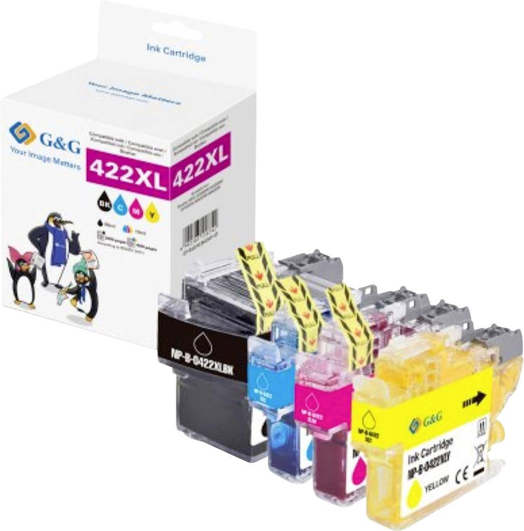 Pack de cartouches d'encre G&G 422XL comprenant les cartouches noire, cyan, magenta et jaune au premier plan, avec le carton d'emballage en arrière-plan.