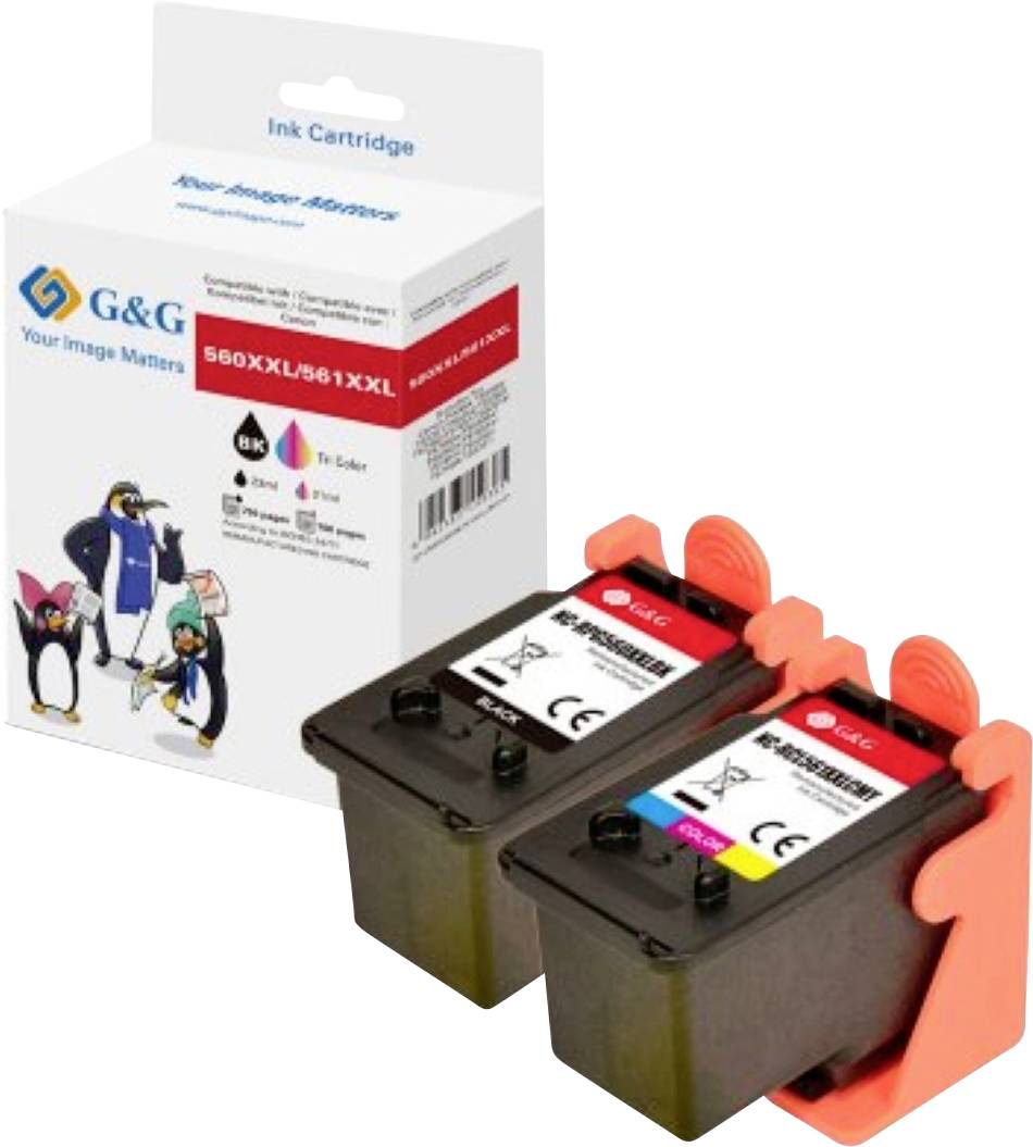 Boîte de cartouches d'encre G&G ; à côté, deux cartouches d'encre, une noire et une tri-couleur, dans un support orange ; étiquetées « 560XXL/561XXL ».