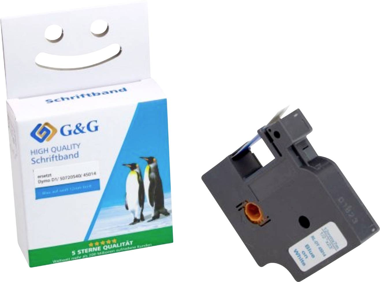 Une boîte étiquetée « G&G High Quality Schriftband » avec des pingouins dessus est placée à côté d'une cartouche d'imprimante noire, portant le texte « 5 Sterne Qualität ».