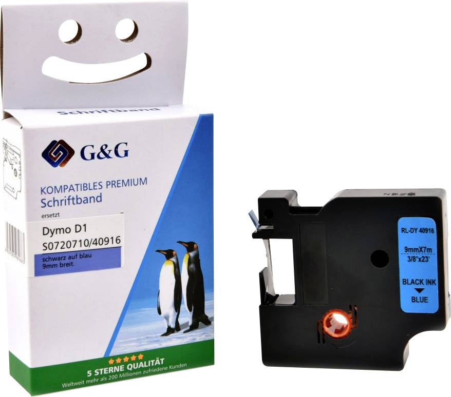 Rouleau de ruban d'étiquettes premium compatible pour imprimantes Dymo D1, avec un design de pingouin. Le ruban est noir/bleu, taille 9mm x 7m.